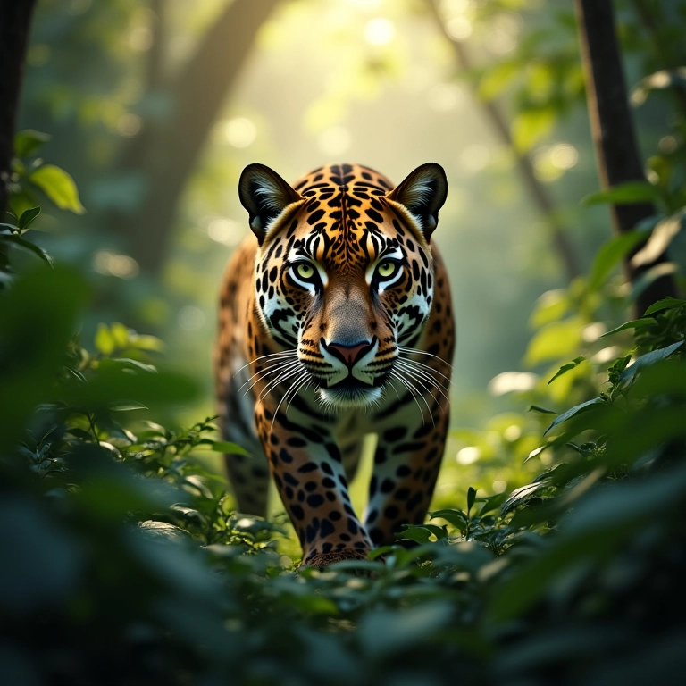 Onça majestosa na floresta amazônica, luz solar criando atmosfera mística.