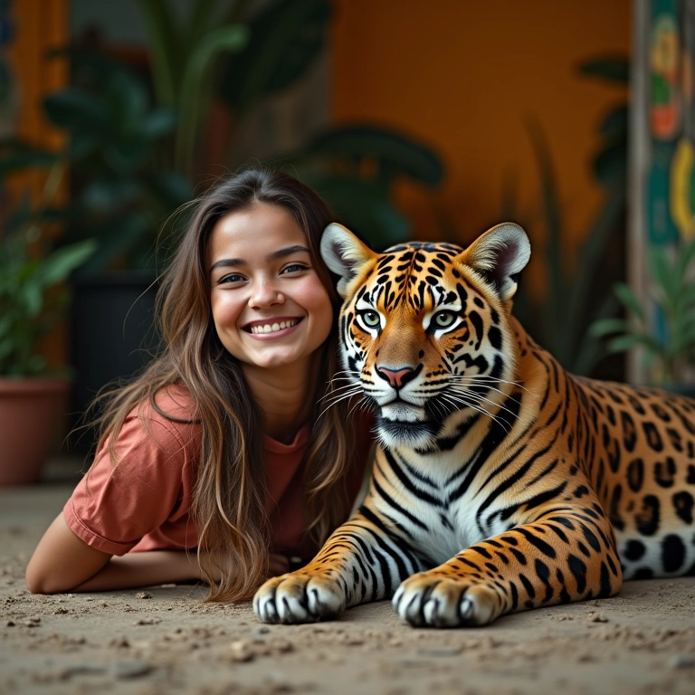 Onça mansa deitada perto de mulher brasileira em ambiente colorido.