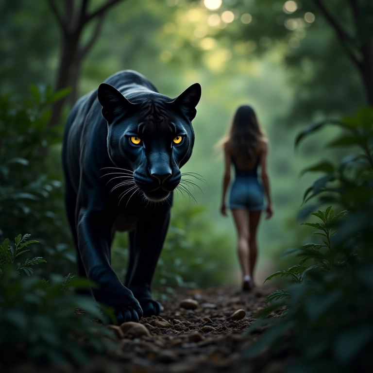 Onça preta observando mulher na floresta ao entardecer.