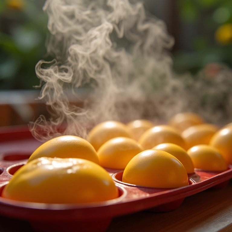 Ovos cozidos fumegantes em uma cozinha brasileira vibrante.