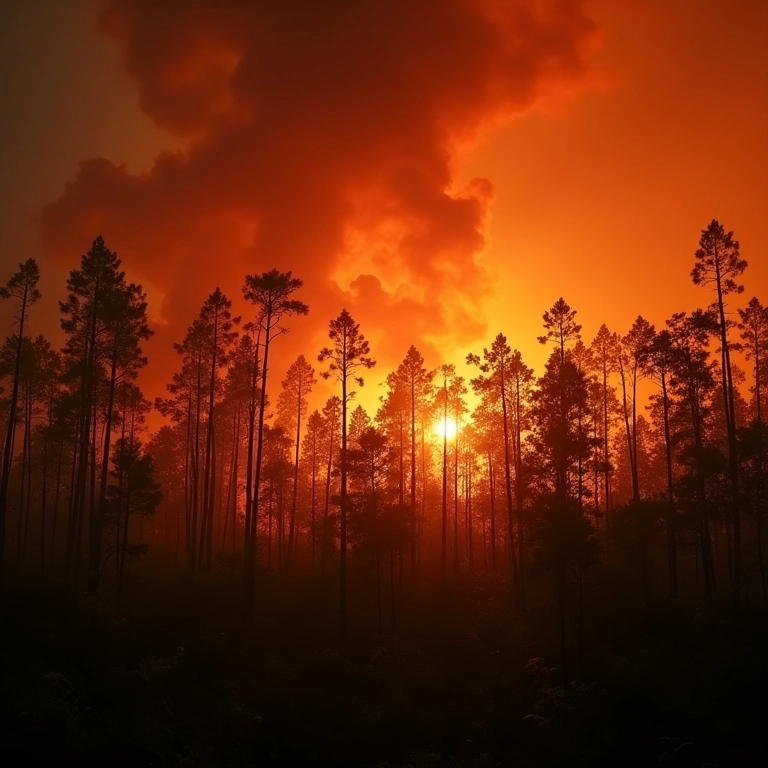 Paisagem dramática de uma floresta amazônica em chamas.