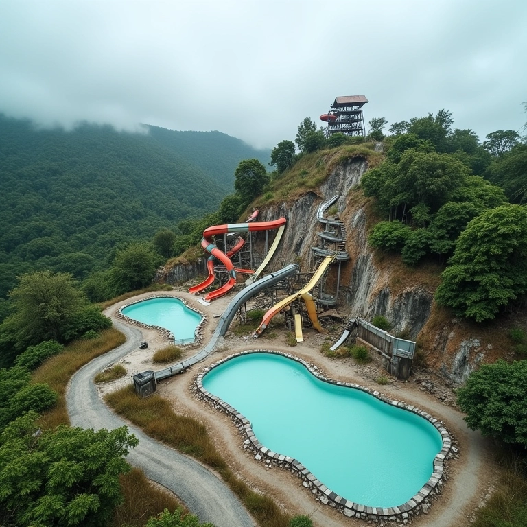 Parque aquático abandonado com toboáguas enferrujados e piscinas vazias.
