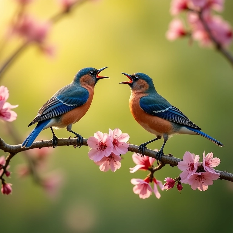 Pássaros cantando em galho florido, cena de primavera.