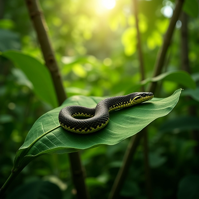 Pele de cobra trocada em folhas verdes vibrantes, simbolizando renovação.