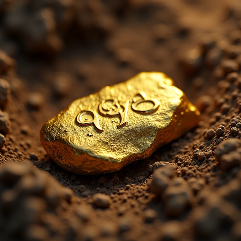 Pepita de ouro recém-descoberta com número gravado.