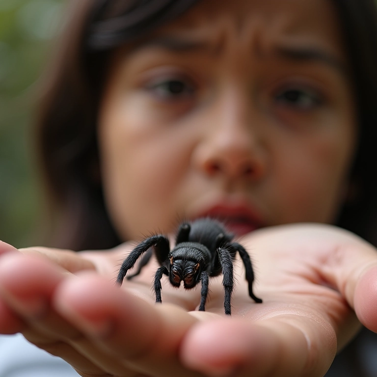 Pequena aranha caranguejeira na mão, pessoa preocupada ao fundo.