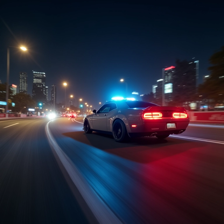 Perseguição noturna de carro com um veículo roubado em fuga.