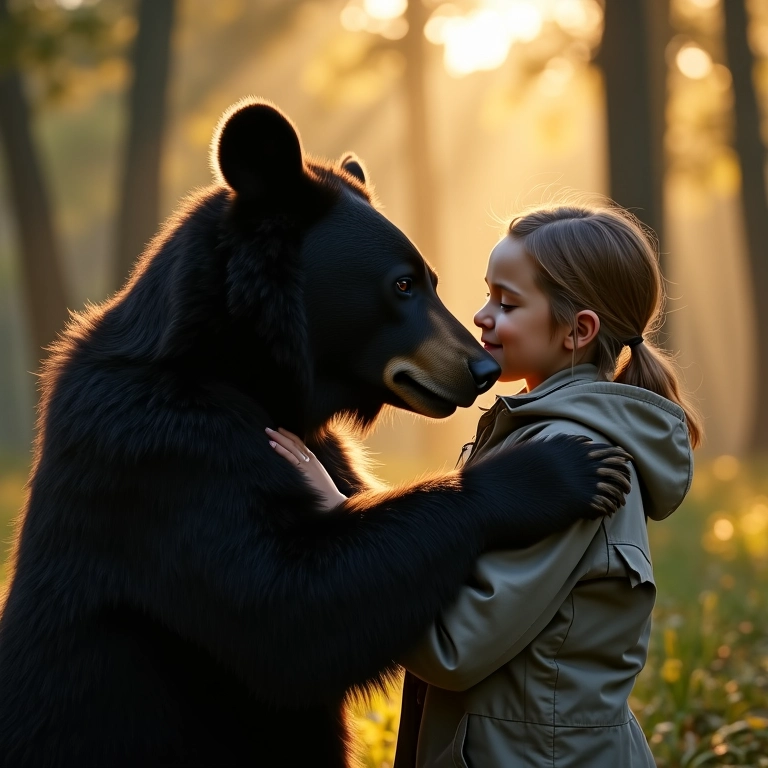 Pessoa abraçando urso preto em cena de paz e confiança.
