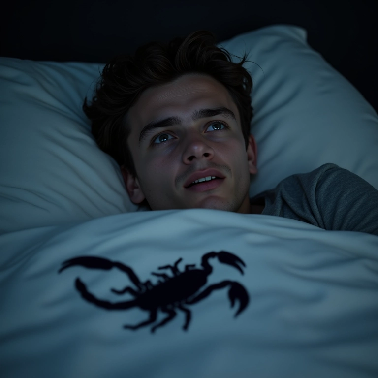 Pessoa acorda assustada de um pesadelo, com sombra de escorpião preto nos lençóis.