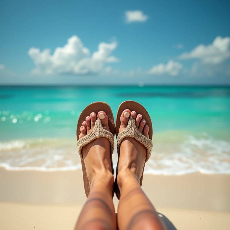 Pessoa admirando sandálias novas na praia.