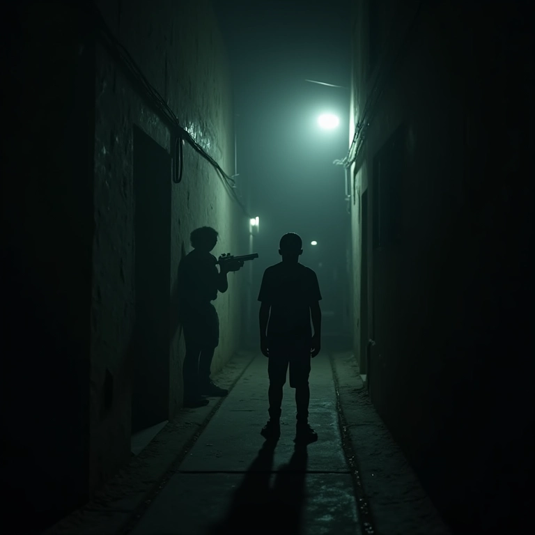 Pessoa amedrontada em beco escuro, sob a ameaça de uma arma empunhada por figura sombria.
