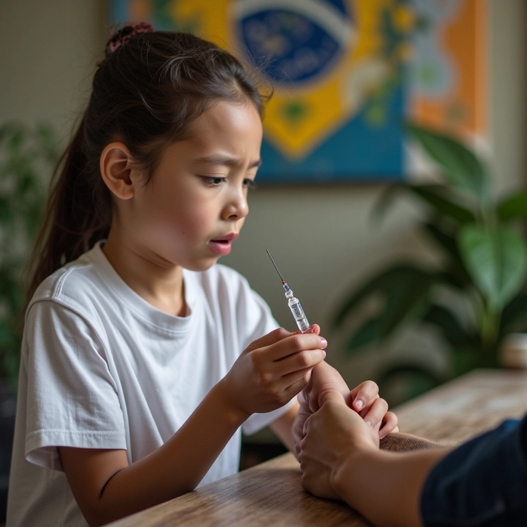 Pessoa aplicando injeção em outra em ambiente doméstico e acolhedor.