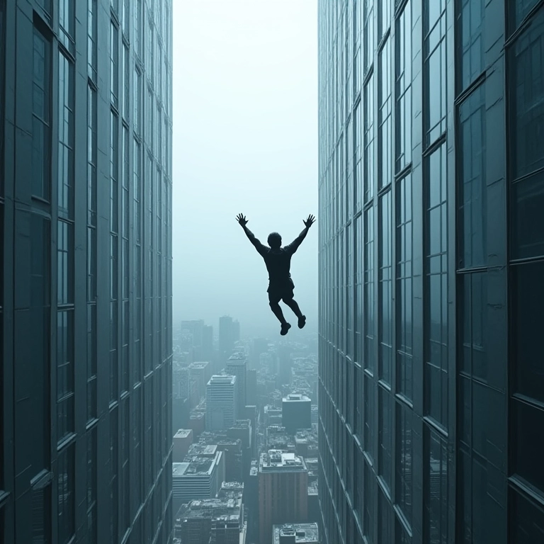 Pessoa caindo de um prédio moderno com grandes janelas.