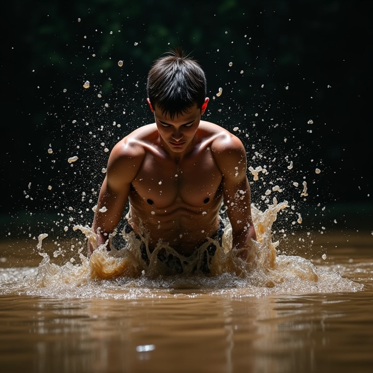 Pessoa caindo em água barrenta, representando o enfrentamento de medos.