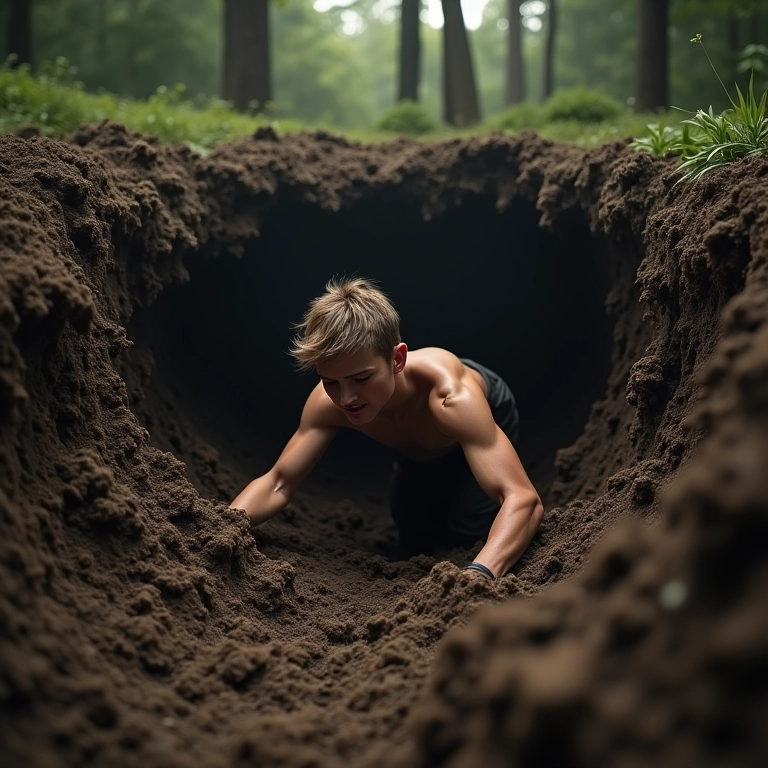 Pessoa caindo em um buraco de barro, simbolizando perda de controle.
