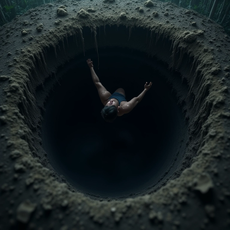 Pessoa caindo em um buraco escuro na terra.