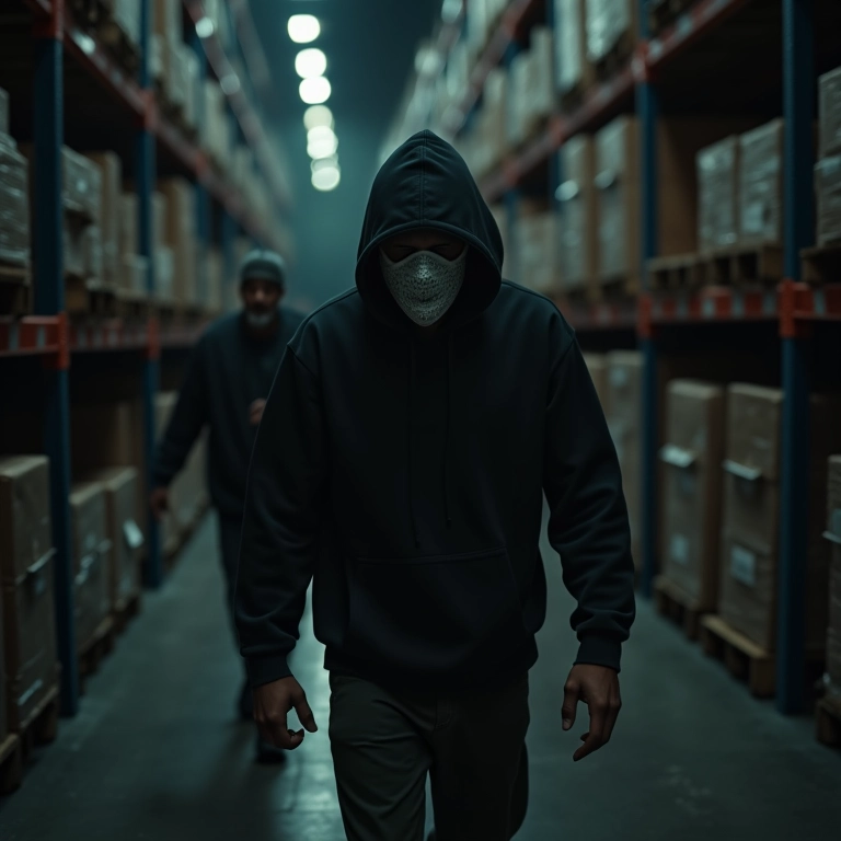 Pessoa com rosto coberto sequestrando outra em um armazém escuro.