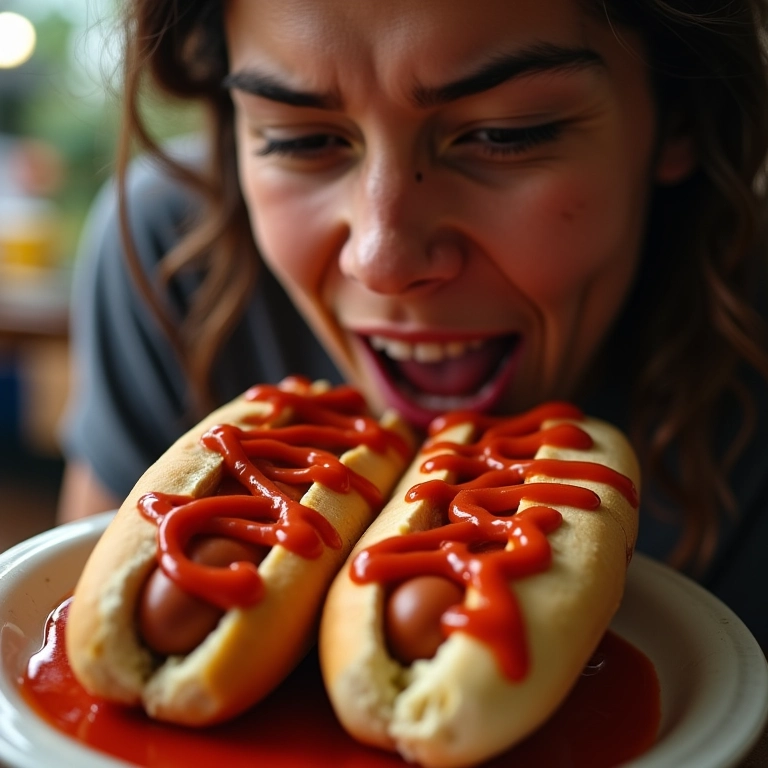 Pessoa comendo cachorro-quente com muito ketchup, representando prazer e satisfação.
