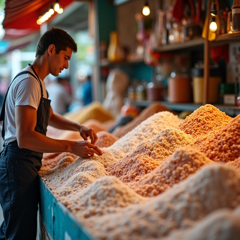 Pessoa comprando sal marinho em mercado brasileiro.