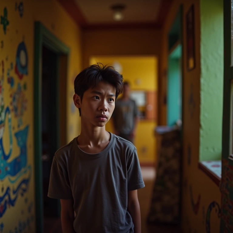 Pessoa confusa vendo inimigo desconhecido em sonho. Casa brasileira colorida.