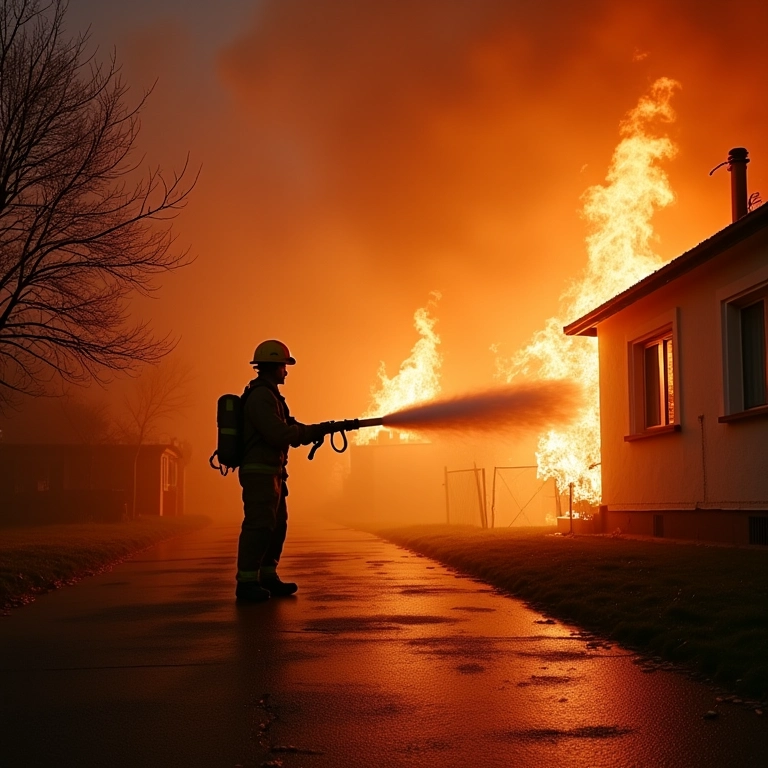 Pessoa corajosamente apagando um incêndio em área residencial.