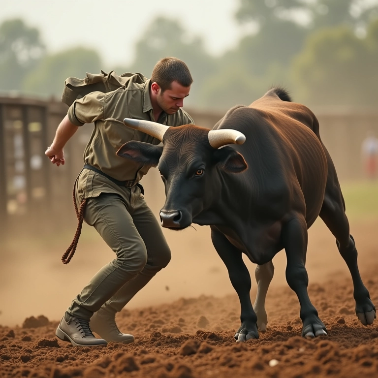 Pessoa dominando um boi bravo em uma arena.