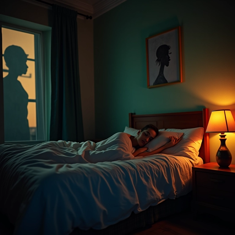 Pessoa dormindo agitada, sonhando com inimigo. Quarto colorido com decoração brasileira.