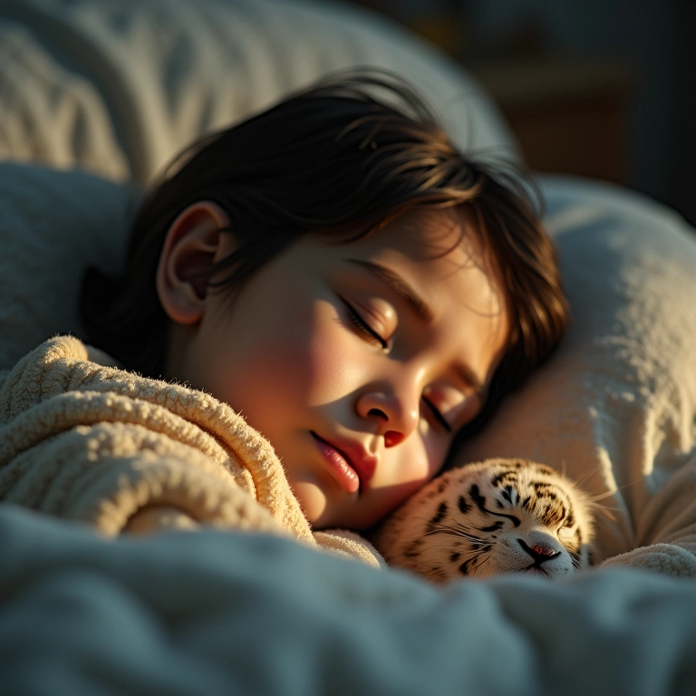 Pessoa dormindo serenamente com a proteção sutil de um espírito de tigre.