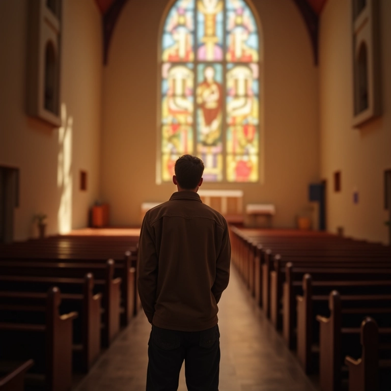 Pessoa em pé dentro de uma igreja, olhando para o altar.