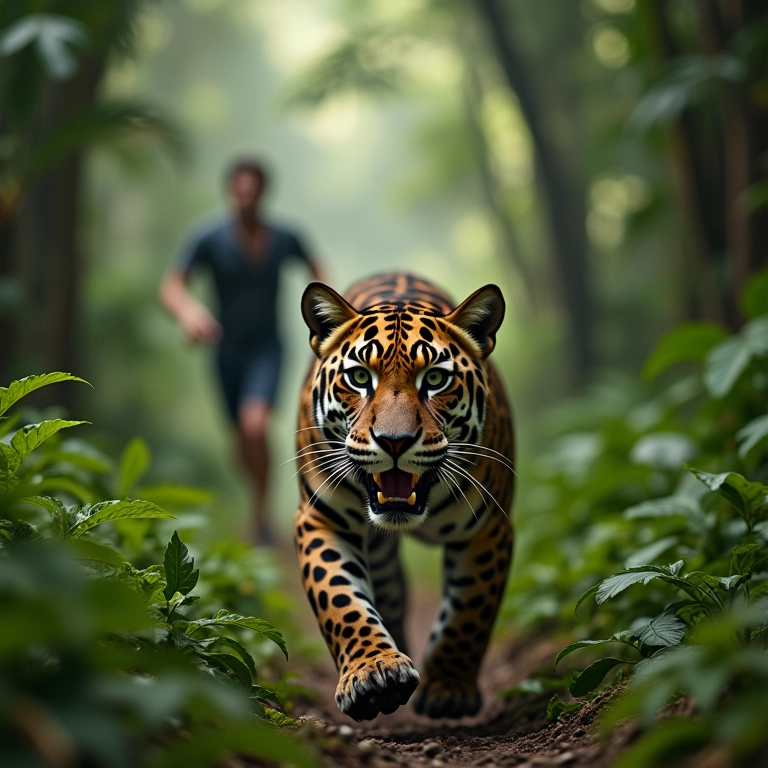 Pessoa foge de onça em floresta amazônica densa.