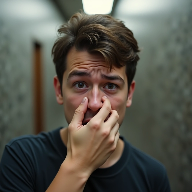 Pessoa franzindo o nariz em frente a um banheiro público.