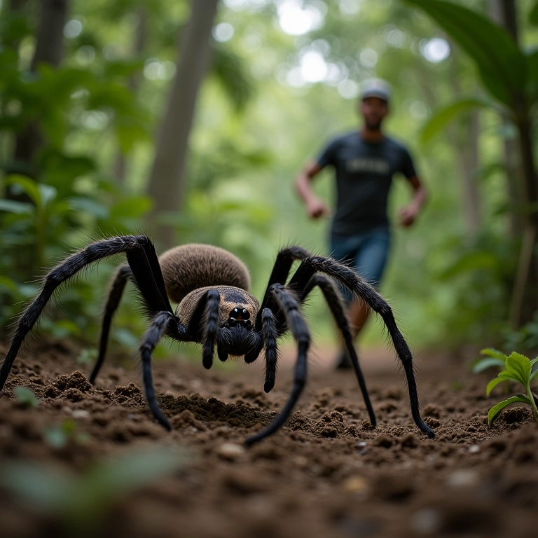 Pessoa fugindo de aranha caranguejeira em floresta brasileira.