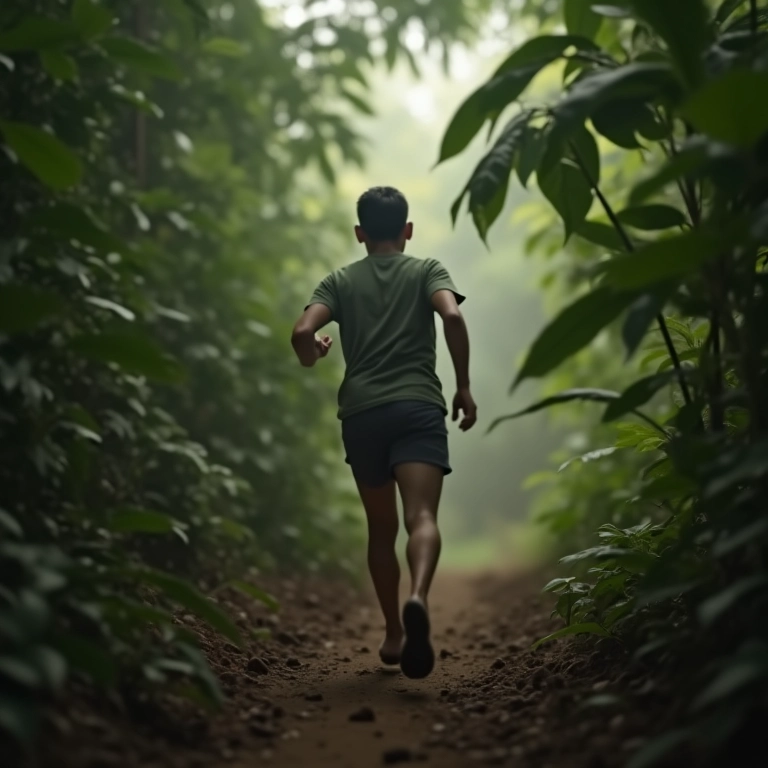 Pessoa fugindo de inimigo em sonho, correndo em floresta brasileira.