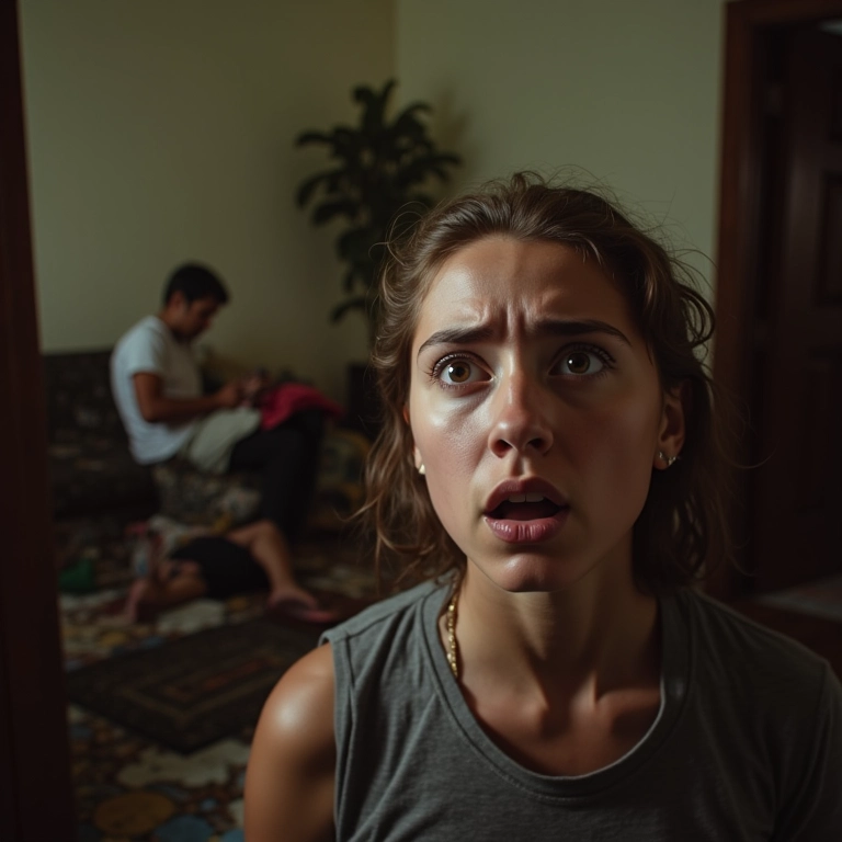 Pessoa horrorizada em casa revirada após assalto, mostrando desespero e invasão.