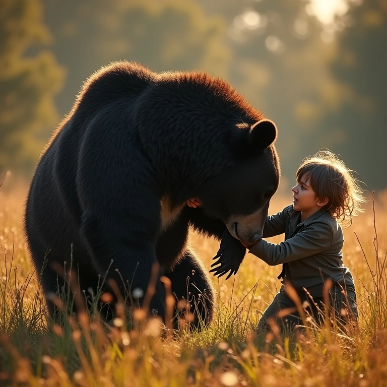 Pessoa lutando bravamente contra urso preto em clareira ensolarada.
