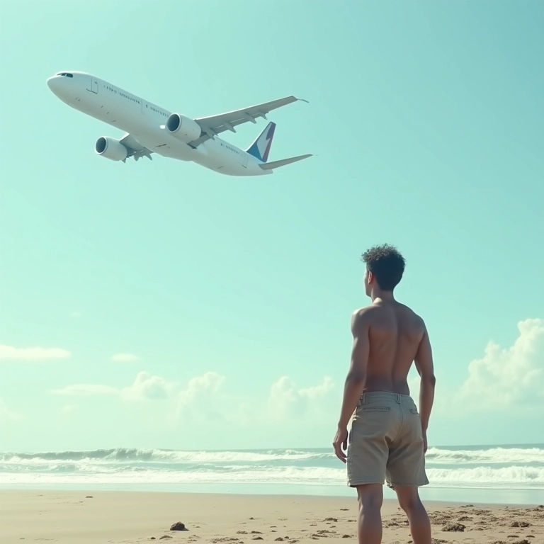 Pessoa na praia observando um avião caindo ao longe.