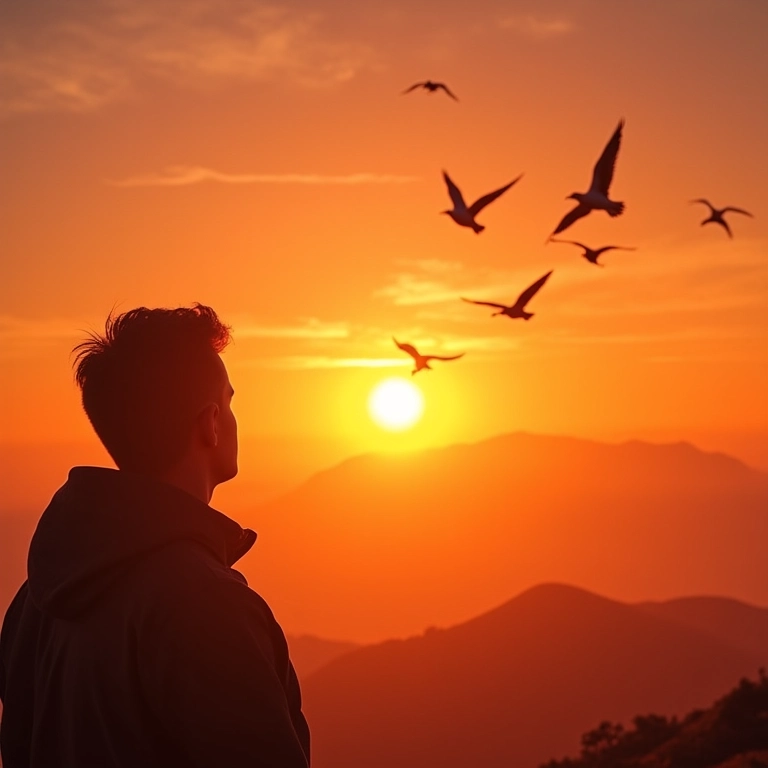 Pessoa observando bando de pássaros voando em direção ao nascer do sol, simbolizando liberdade.