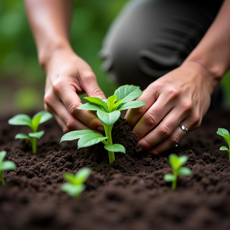 Pessoa plantando mudas em horta, simbolizando novos começos e crescimento.