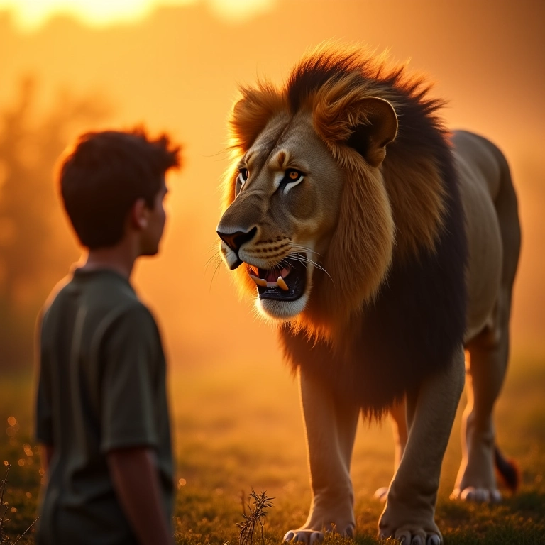 Pessoa preocupada observando leão bravo, representando medo e agressividade em sonhos.