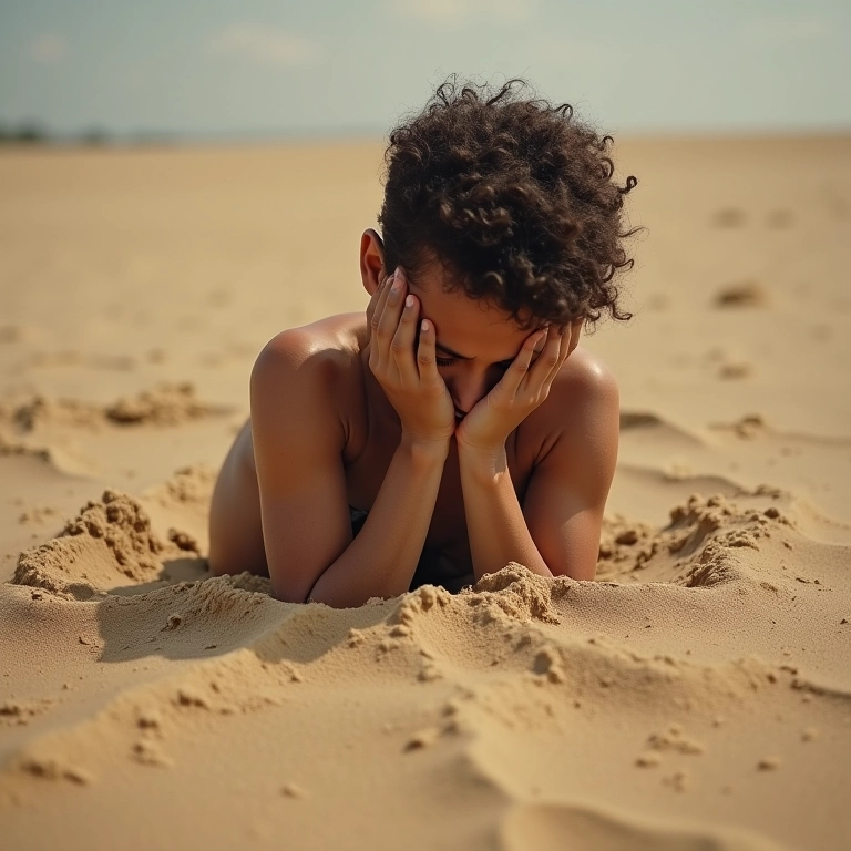 Pessoa presa em areia movediça, simbolizando estagnação.