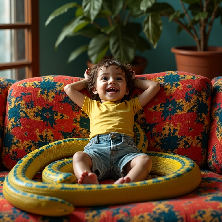 Pessoa se afasta de cobras coloridas em sofá com padrão Farm Rio.