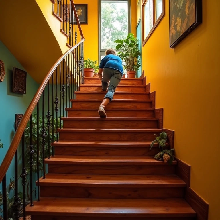Pessoa tropeçando e caindo de uma escada de madeira em uma casa brasileira vibrante.
