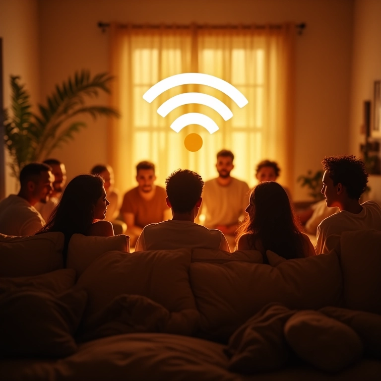 Pessoas conectadas em ambiente aconchegante com símbolo wifi, representando comunicação.