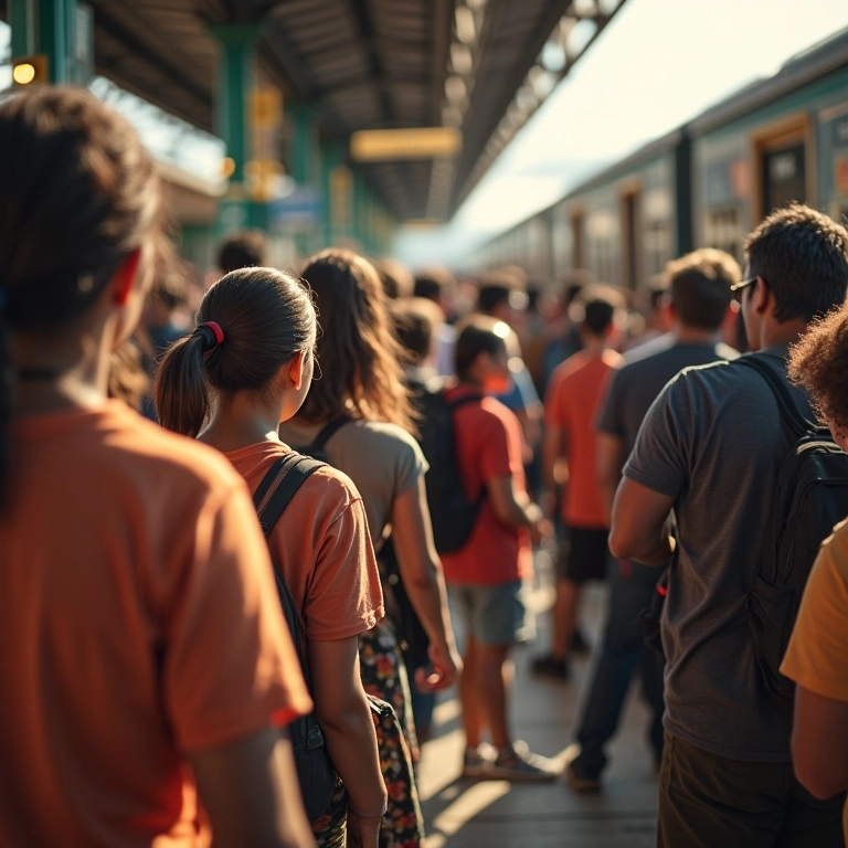 Pessoas diversas aguardando trem em plataforma colorida no Brasil.