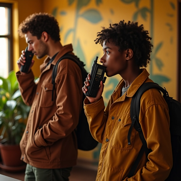 Pessoas diversas comunicando-se com walkie-talkies antigos em ambiente brasileiro acolhedor.