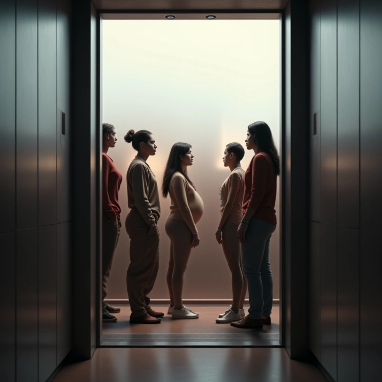 Pessoas diversas em elevador, refletindo sobre a vida, luz suave.