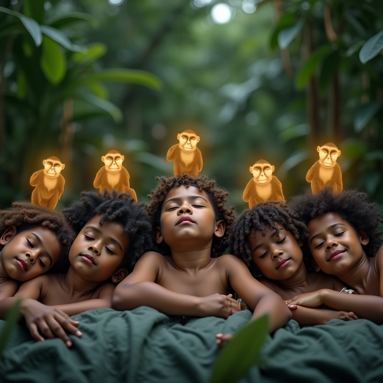 Pessoas dormindo com imagem de macacos acima, representando sonhos.