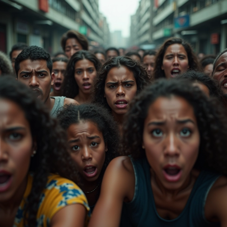 Pessoas em pânico durante um tiroteio em sonho, refletindo medo e incerteza.