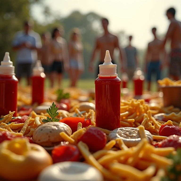 Pessoas em piquenique ensolarado comendo e rodeados por ketchup, representando o sonho com ketchup.