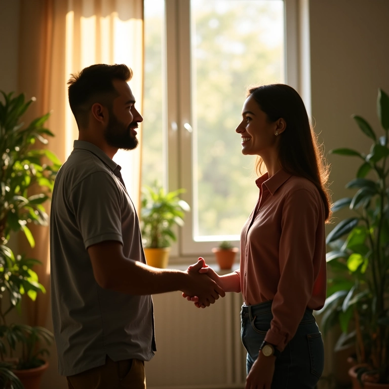 Pessoas fazendo as pazes em sonho. Apartamento brasileiro iluminado e com plantas.